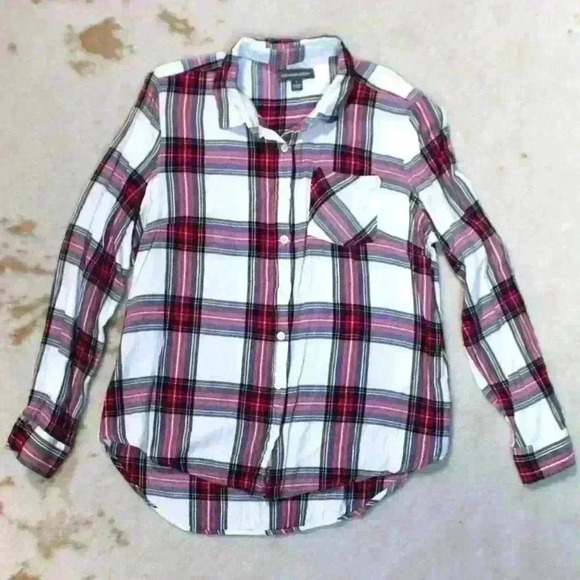 ALEXANDER JORDAN White Red Plaid Silky Flowy Rayon Button Up Blouse Women Large - Picture 1 of 9